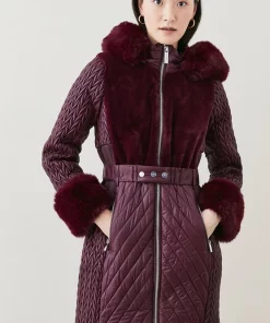 Wholesale 🥰 Karen Millen Signature Quilt Faux Fur Trim Belted Midi 🧥 Coat 🔥